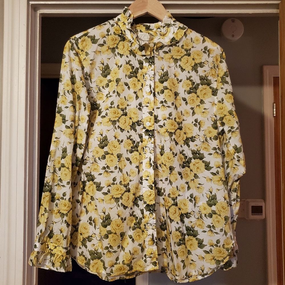 J.Crew yellow rose liberty floral ruffle detail button down top